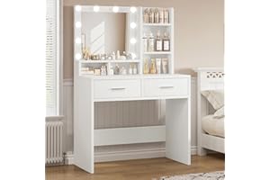 FIONESO Toeletta Trucco con Luci, Luminosità Regolabile, Tavolo con Specchio e Presa, 2 Cassetti e 2 Ripiani Aperti, Toeletta Moderna,Bianco