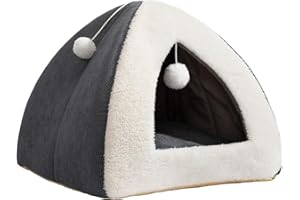 BEJOY Cat Bed Kitten Bed Cat Tent 2-in-1 Igloo Pet Bed with Removable Cushion Comfortable Cat Sleeping Cave House, Grey&White