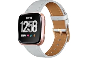 CeMiKa Bracelet en Cuir Compatible avec Fitbit Versa Bracelet/Fitbit Versa 2 Bracelet, Cuir Classique Band de Remplacement Compatible avec Fitbit Versa/Versa 2/Versa Lite/SE, Gris/Or Rose