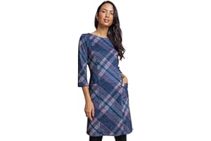 Roman Originals Shift Dress for Women UK - Ladies Print Winter Smart Work Office Casual Formal Party Comfortable Tunic 3/4 Sleeve Knee Length Plaid Smock