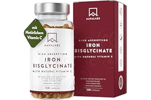 ‎AAVALABS Eisen Hochdosiert 210mg davon 42mg und natürliches Vitamin C | Effektive Eisentabletten Hochdosiert Eisenbisglycinat mit Acerola Vit C - Iron Supplement Eisen Vitamin C Vegan - 120 Kapseln