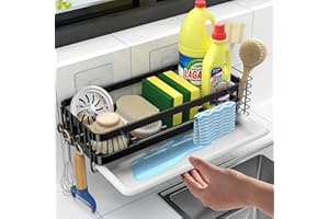GBLAVM GBLVAM Soporte Estropajo Fregadero,Soporte de Esponja con Bandeja de Goteo Extraíble,Organizador de Fregadero de Cocina,Organizador de Fregadero de Acero Inoxidable con toallero y Gancho,Negro