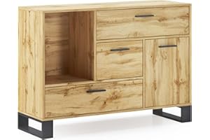 Skraut Home - Madia per Soggiorno o Sala da Pranzo - 86 x 120 x 40 cm - Buffet con 1 Anta + 3 Cassetti - Modello Loft - Legno Resistente - Finitura Rovere