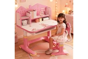 Tuelaly Kids Desk and Chair Set,Height Adjustable Children's Desks with Spacious Storage Drawer,Golden Distance Preventing Myopia Design Desk for Kids for School Home Study (Pink A)