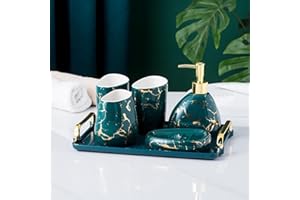 XYQXYQ Juego de Accesorios de Baño Verdes Con Aspecto de Mármol Dorado - Moderno Set de 6 Piezas Con Dispensador de Jabón y Soporte Para Cepillo