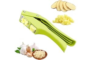 KELISTINY Garlic Mincer Press 2 in 1 Garlic Slicer,Professional Kitchen Garlic Cutter Ginger Crusher Rocker , Time and Labor Saving, Stainless Steel, Supports Pressing Ginger Juice, Non-Slip Handle