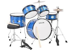 VEVOR Batterie Enfant, 5 PCS, Batterie Débutants, Grosse Caisse 45 cm avec Tom-Tom, Caisse Claire 25,4 cm Tom Basse 36 cm, avec Siège, Baguettes, Kit Apprentissage Musical pour Enfants 6-13 Ans, Bleu