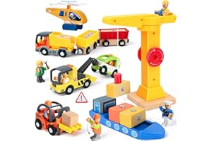BuntWunder Baustellenfahrzeuge Kinder, Kran Spielzeug, Baustelle Spielzeug ab 3 Jahre, Baufahrzeuge Kinder Holzspielzeug mit Schiff, Turmkran, Anhänger, Gabelstapler, Geschenk Junge 3 4 5 Jahre
