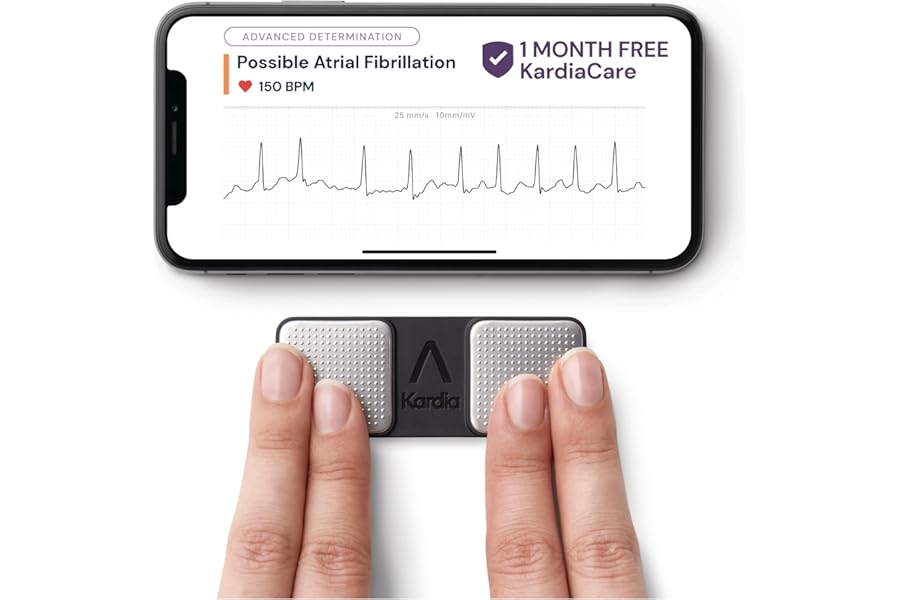KardiaMobile 1-Lead Personal ECG Heart Rate Monitor + 1 Month Free of KardiaCare - Record ECGs at Home, Detects Atrial Fibrillation, Trusted by the NHS, Fast Results, Works with Most Smartphones