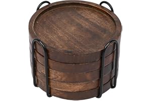 SAMHITA Mango Wood Coasters for Drinks with Iron Holder Stand Set of 5 for Countertop and Surfaces from Water Marks or Damage (11.43cm x 11.43cm x 1.27cm)