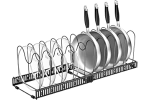 Fousenuk Organizador de Sartenes, Soporte Expandible de Cocina, Separador Ajustable con 10 Compartimentos, Estante Ollas, Sujeta Tapas de Metal (Negro)