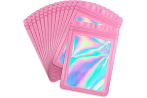 Durimoiy 100 Pack Holographic Bags, Resealable Bags for Small Business with Front Window,Sample Baggies Sealable Mylar Bags (2.7x4 Inch, Pink)
