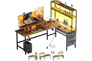 HLONONE L-format Gamingbord med LED & Höjdhylla, 170 x 100 cm, Vintagebrun