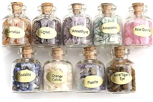 Jovivi Lot de 9 mini bouteilles en verre avec cristaux et pierres précieuses pour meditation, chakra, Reiki, Wicca, porte-bonheur
