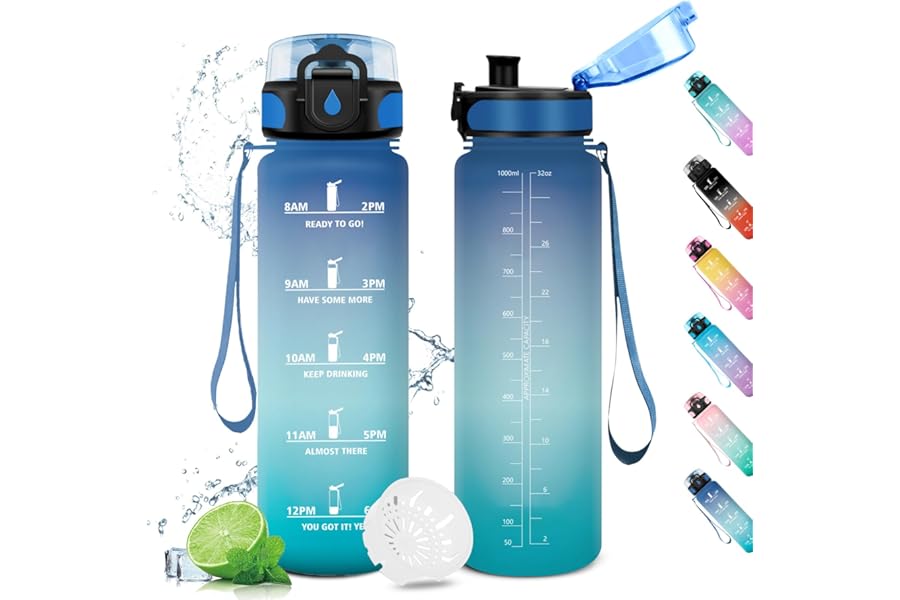 1L Water Bottle, Filter Bottle, Motivational Time Marker, Reusable Water Bottle, Leak Proof, Water Bottles for Kids, Sports, Gym, School, Gym, Office, Yoga