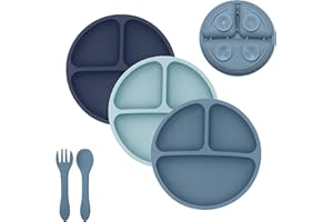 TudoBem Assiette Ventouse pour bébé Antidérapante [5 Pcs] sans BPA | Assiette compartiment bebe [x3] Fourchette et Cuillere Bebe Apprentissage [x1] | Silicone 100% Alimentaire, Coffret Naissance Idéal