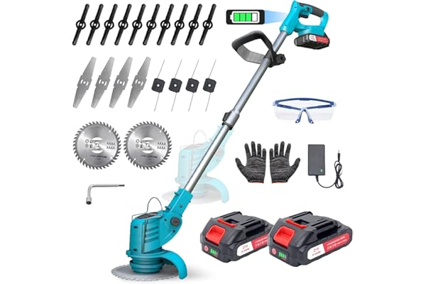 Desbrozadora Bateria, Desbrozadoras con 2 x 1500 mAh Baterías, Desbrozadora Electrica 800W, Cortadora de Césped Inalámbrica con 4 Tipos de Cuchillas, 9 000 RPM y Motor, Mango Telescópico 71-106 cm