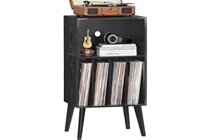 LELELINKY Soporte para Tocadiscos, Soporte para Tocadiscos, Ofrece Espacio para hasta 160 álbumes, Soporte de Almacenamiento de Vinilo Mid-Century, Mesa Auxiliar con Patas de Madera, Color Negro