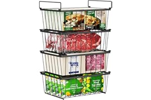 iSPECLE Chest Freezer Baskets - 4 Pcs Stackable Freezer Baskets for 142L Deep Freezers, Easy Get Food with Handles, Add Space and Allow Air Circulation for Better Freshness, Black