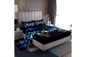 Loussiesd Set di lenzuola per cuffie Gamepad Note Melody Music Set di biancheria da letto per videogiochi, gamepad Gamer, 4 lenzuola, include 1 lenzuolo e 1 lenzuolo con 2 federe morbide matrimoniali