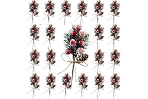Suny Smiling 20PCS Artificial Mistletoe Pick Sprigs Holly Christmas Tree Decor Christmas Table Decorations with Red Berries and Pine Cones for White Xams Theme Party