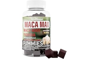 WellBoost Maca MAX -Ultra Strength (6,000mg Equivalent Extracts) Maca Root, Fadogia Root, Selenium, VIT E, 60 Chewable Gummies for Adults - Strawberry Flavoured, Suitable for Vegans.