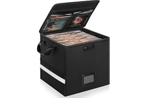 OUUTMEE Caisse à Vinyles Ignifugée avec Verrouillage, Imperméable Sac pour Disque Vinyles de 12", Compatible avec 100+ Disques LP, Caisse de Rangement Pliable pour Albums LP, Grande