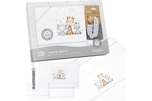 MIBEBESTORE Sabanas 100% Algodón para Cuna 60 x 120 cm, Bebe Primavera y Verano Tipo 100% Algodón Extrasuave Fafricado en España - INTERBABY(Bajera+encimera+Funda Almohada+Broche chupetero) - Elefante Jirafa