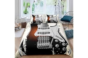 LOUSSIESD Set di biancheria da letto per chitarra e chitarra con tema musica rock, strumento musicale, biancheria da letto e biancheria copriletto singolo, con 1 federa