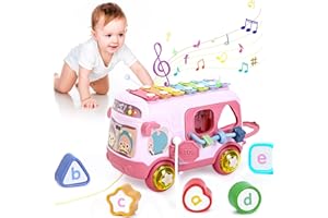 Yellcetoy Juguetes para Niñas de 1 Año, Juguete para Bebé Niña 12 18 Meses Bus Musicales Sensorial con Xilófono, Clasificador de Formas Juguete Educativo Regalos de Cumpleaños para bebés 12 Meses