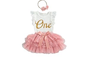 Domisola Baby Girls My 1st Birthday Outfits Sleeveless/LongSleeve Floral Lace Romper + Tutu Skirt + Headband Set
