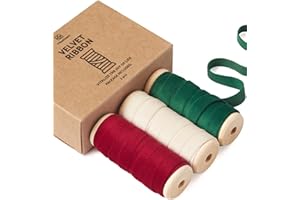 Vitalizart Set de Cinta de Terciopelo de Navidad 0.95 cm x 13.7 m con Carrete de Madera, Cinta de Tela Rojo & Blanco & Verde 3 Rollos*4.57 m para Adornos Navideños, Manualidades y Coronas de Regalo