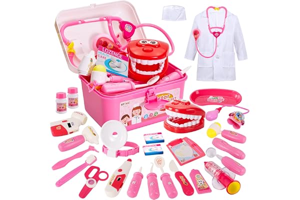 BUYGER 3 en 1 Malette Docteur Enfant, avec Véritable Stéthoscope, Thermomètre, Kit Docteur Enfant 3 Ans Cadeau pour Garçon et Fille (Rose)
