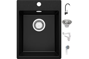 Lavandino da Cucina Nero 38x50cm, Lavello da Cucina a 1 vasca + Sifone Classico + Grifo, Lavabo da Cucina Incasso al mobile 40cm - Riga di Primagran