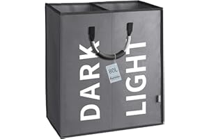 Caroeas 80L Collapsible Laundry Basket, Foldable Waterproof Washing Basket 2 Sections with Handles, Slim Laundry Bin for Laundry Room Bedroom (Dark Grey)