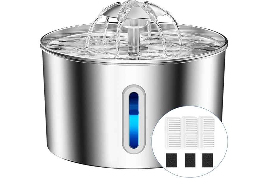 BalimoPet Cat Water Fountain for Drinking - 74oz/2.2L Cat Fountain Stainless Steel Flower Style, Silent Automatic Wired Pet Water Fountain Triple-Filter Water Fountain Cat Bowl 3 Filters 3 Sponges