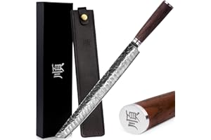 YOUSUNLONG Coltello per affettare Ultimate Sujihiki - Lama da 330 mm - Acciaio Damasco giapponese martellato - Manico in noce naturale con fodero in pelle e confezione regalo