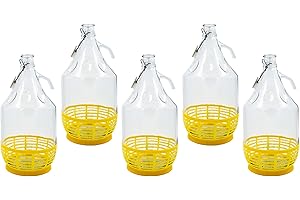WYSKONT Bouteille de vin Ballon à col étroit avec Couvercle pivotant et Panier pour Le Stockage de Boissons fermentées en Verre Transparent, hermétique, Lot de 5 x 5 l