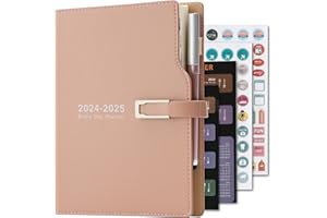 HOLDERZWU Agenda académica A5 de julio 2024 a junio 2025, día por página, organiza horarios con pegatinas de calendario, soporte para bolígrafo y bolígrafo, papel grueso, 14 x 21,5 cm, rosa
