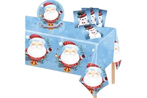 POPOYU 37Pcs Christmas Party Tableware Set Xmas Paper Plates 9 Inch Napkins Table Cloth,Santa Claus Snowman Blue Merry Christmas Paper Dinnerware Set for Xmas Winter New Year Birthday Party Decorations