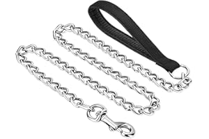HAPPY HACHI Guinzaglio Catena per Cani Taglia Grande in Metallo, Cane Acciaio Resistente con Impugnatura Imbottito, Anti Morso per Addestramento Passeggio Nero (Nero, L 120x0.4 cm)