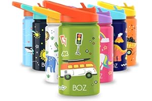 BOZ Botella Agua Niños con Pajita - Botella Agua Acero Inoxidable 414 ml, Botella Térmica Aislamiento Doble Pared Sin BPA, Botella Isotérmica Antiderrame con Asa Apta para el Lavavajillas (Coches)