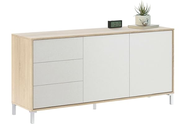 Habitdesign Aparador 2 Puertas + 3 Cajones, Buffet, Modelo Brooklyn, Acabado Roble Canadian y Blanco Artik, Medidas: 74 cm (A