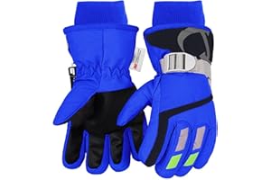 7-Mi Winter Handschuhe,Kinder Schnee Fäustlinge Snowboard Wasserdicht Gefüttert Lange Manschetten Leder Handschuhe für Jungen