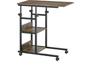 HOMCOM sängbord/fåtölj - rullbord - justerbar höjd - 2 inbyggda hyllor - E1 träpanel i metall