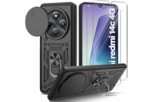 Guisessy Funda para Xiaomi Redmi 14C/14 C/Poco C75 4G Armor Carcasa Cubierta de cámara Deslizante Proteger con 2 Pack Cristal Templado Protector, con 360 Anillo Soporte PC y Silicona TPU Case, Negro