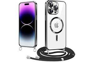 Woijrly Magnetische Handykette mit Band für iPhone 14 Pro Hülle, [Kompatibel mit Magsafe] Handyhülle Case mit justierbarer Schnur Abnehmbar Strap, Crossbody Schutzhülle zum Umhängen Kordel, Schwarz