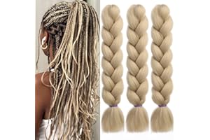 EMMOR Extensiones de cabello trenzado Jumbo de 24 pulgadas/60cm de fibra sintética de alta temperatura, 3 piezas, trenzas preestiradas en caja Kanekalon(Rubio Ceniza)
