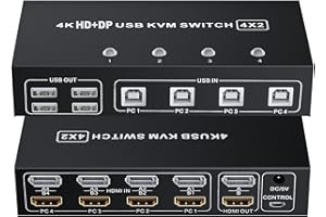 BolAAzuL USB 2.0 KVM Switch HDMI 2.0 4PC 2 Moniteurs 4K 60Hz, Commutateurs KVM HDMI Displayport 1.2 4 Entrées 2 Sorties, Adaptateur Switcher HDM I KVM DP 1.2 Clavier Souris avec Télécommande