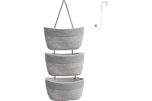 ililmmoe Über der Tür hängender Korb zum Organisieren 3-Tier gewebter Baumwollseil Wandhalterung Aufbewahrungskorb Dekorative Küche hängender Organizer Badezimmer enthalten 1 Haken Graue Streifen